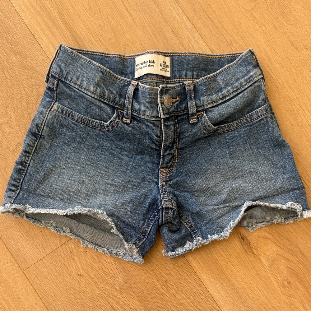 2 denim Abercrombie kids items: Flare jeans & low rise midi cherry jean shorts